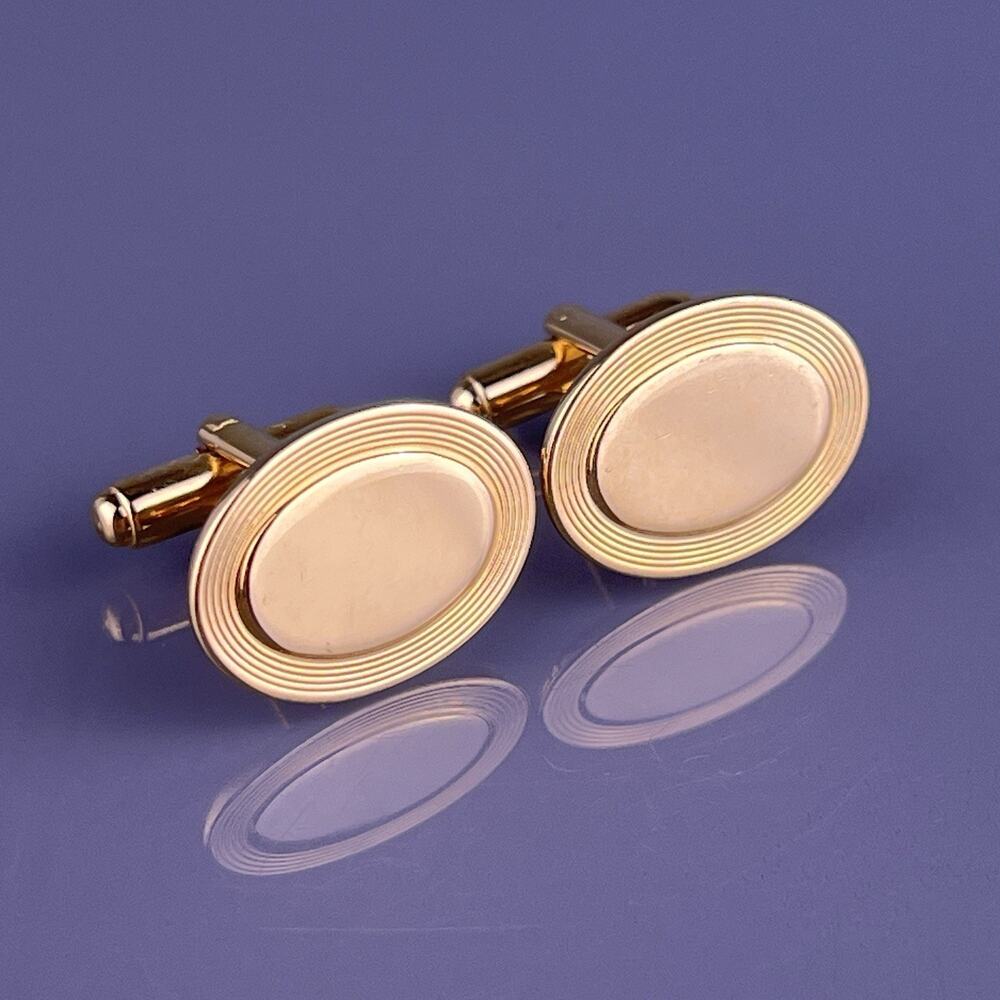 Oval Simple Cufflinks Gold Tone Polished Finish Rings Plain Formal Vintage